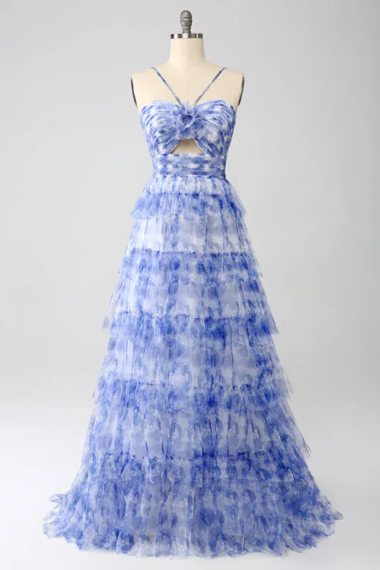 Blue Printed A Line Tiered Hollow-out Long Prom Dress sold by Zapaka