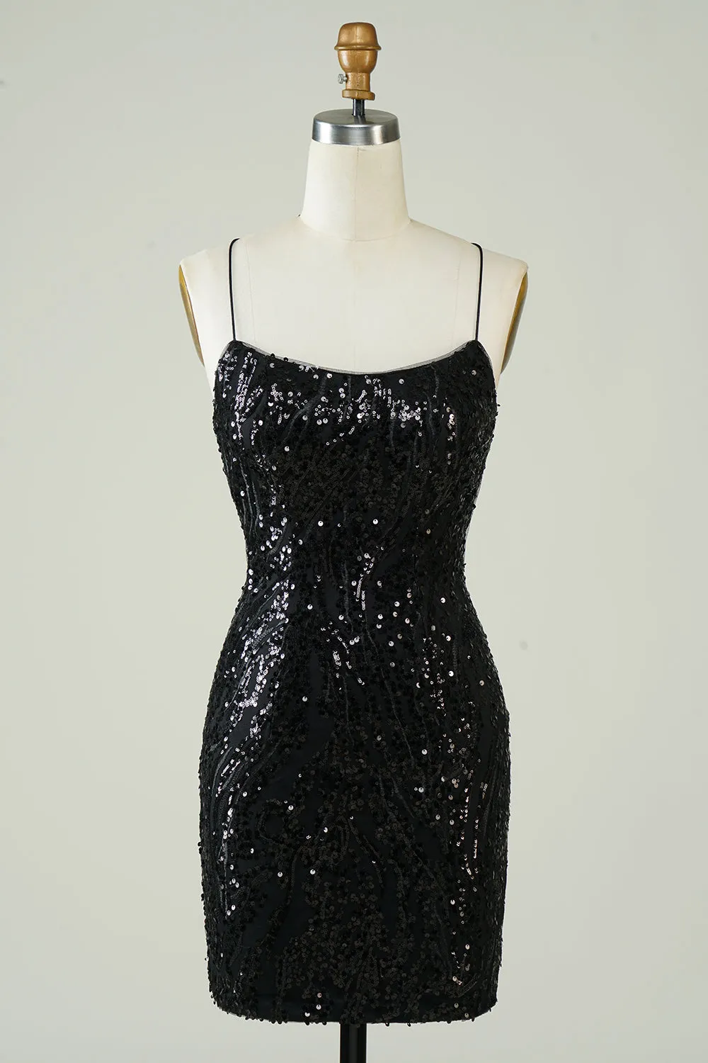Black Sequins Spaghetti Straps Tight Homecoming Dress sold by Zapaka