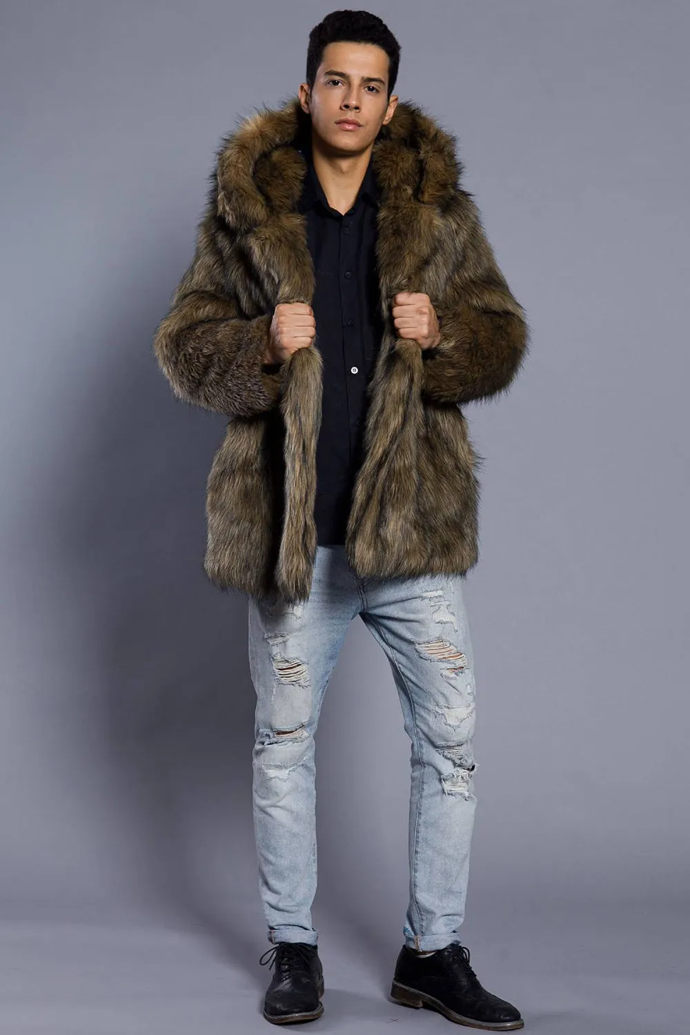 Brown Open Front Lapel Neck Long Faux Fur Men Coat sold by Zapaka product image thumbnail 5