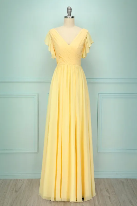 Yellow V-neck Long Bridesmaid Dress sold by Zapaka