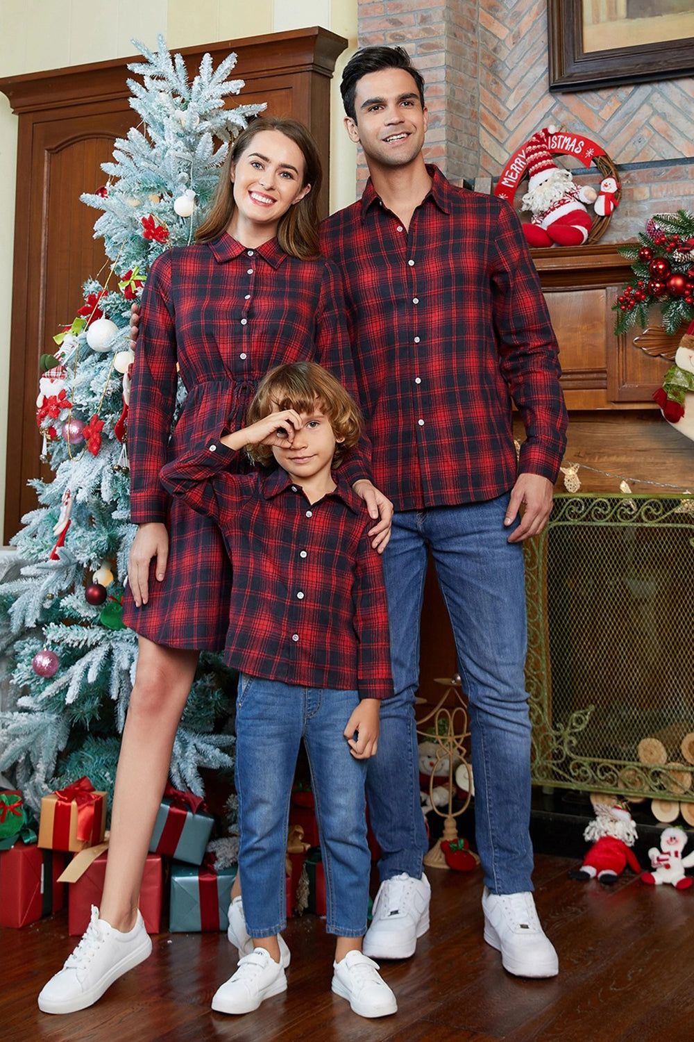 Family Matching Outfits Dark Red Plaid Bowknot Dresses and Long Sleeves T-Shirt sold by Zapaka