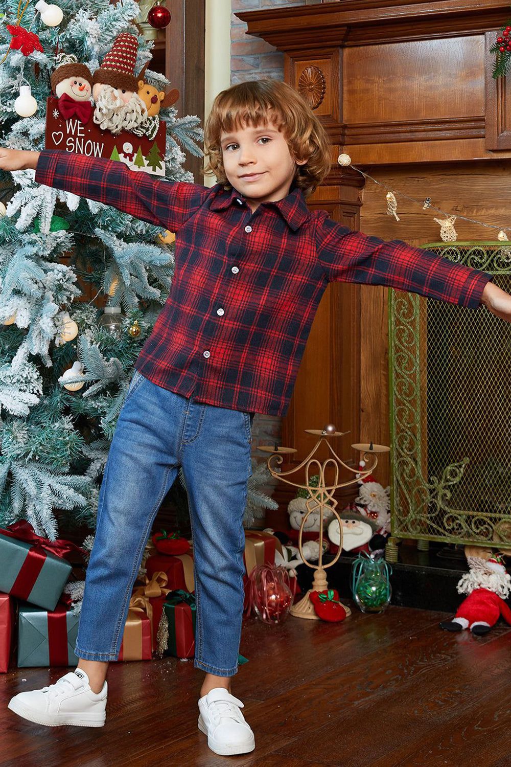 Family Matching Outfits Dark Red Plaid Bowknot Dresses and Long Sleeves T-Shirt sold by Zapaka product image thumbnail 13