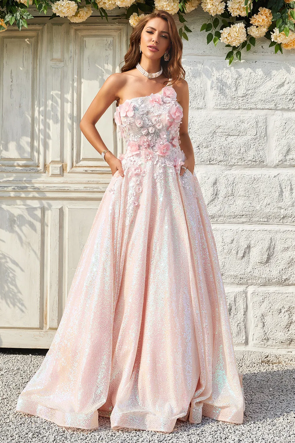 A Line One Shoulder Blush Long Prom Dress with Appliques sold by Zapaka product image thumbnail 3