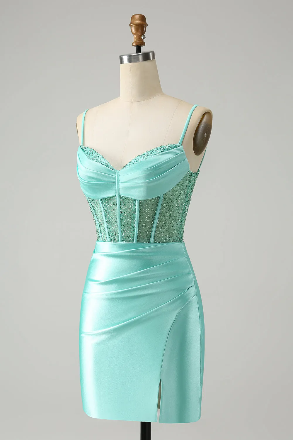 Light Green Spaghetti Straps Bodycon Corset Satin Homecoming Dress with Slit sold by Zapaka product image thumbnail 3