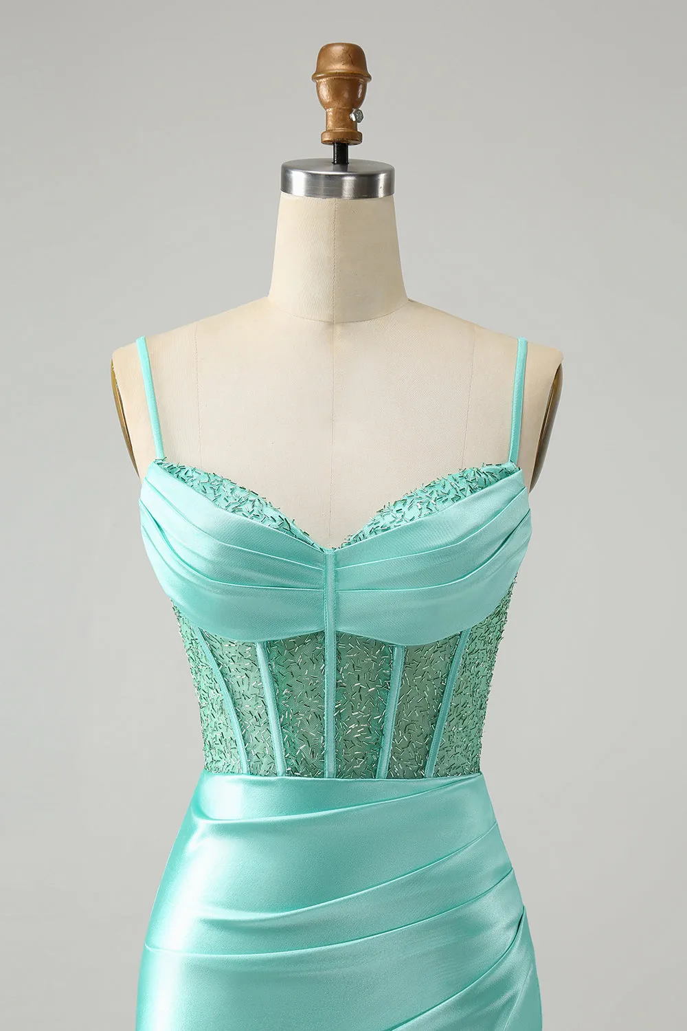 Light Green Spaghetti Straps Bodycon Corset Satin Homecoming Dress with Slit sold by Zapaka product image thumbnail 4