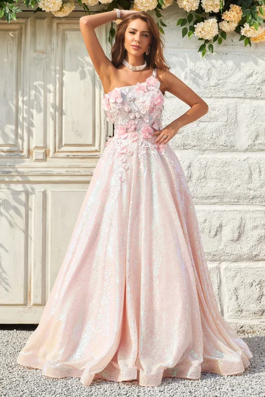 A Line One Shoulder Blush Long Prom Dress with Appliques sold by Zapaka