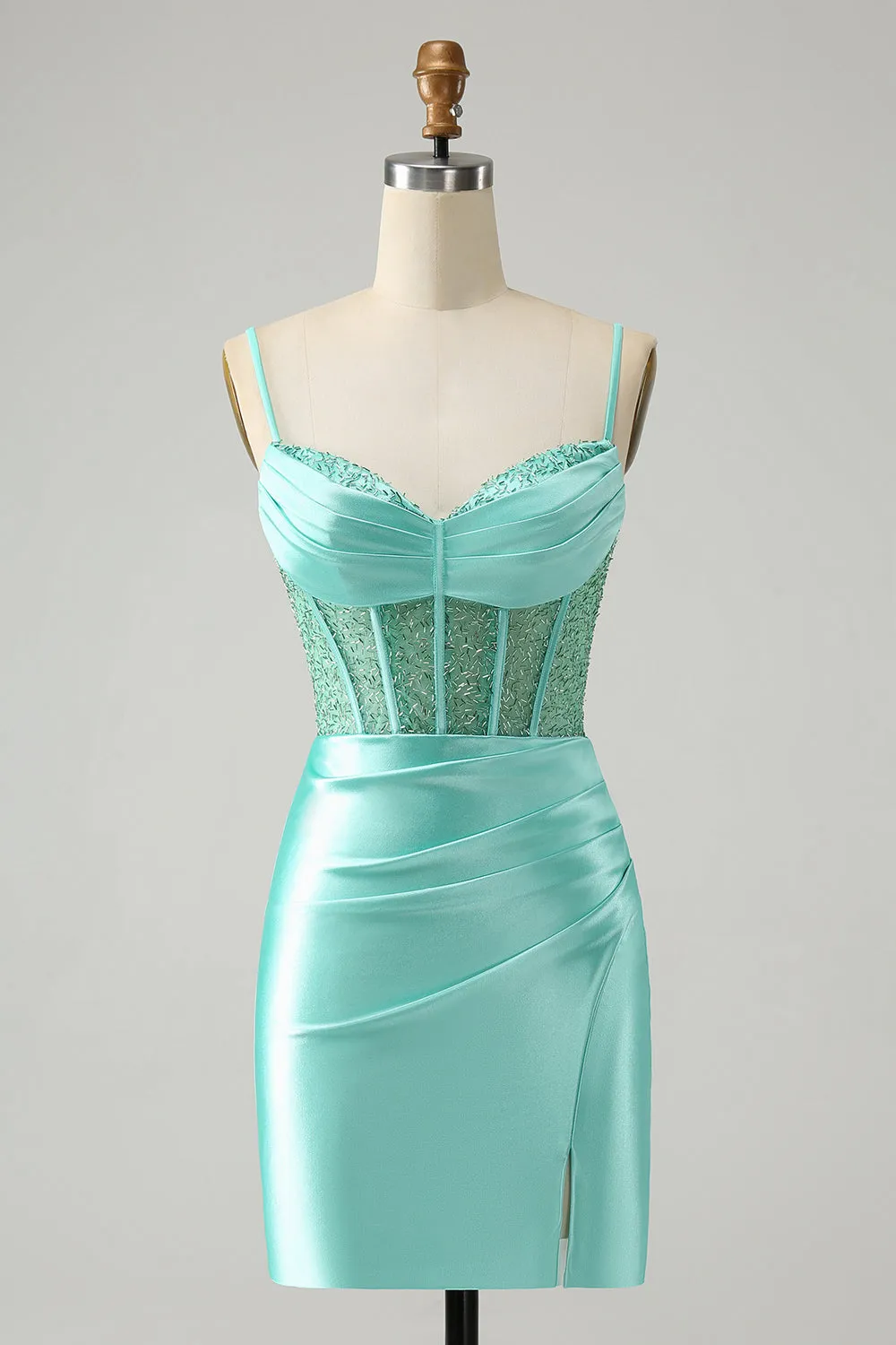 Light Green Spaghetti Straps Bodycon Corset Satin Homecoming Dress with Slit sold by Zapaka