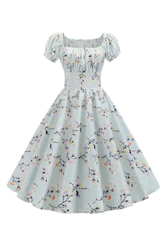 Puff Sleeves Printed Light Blue Vintage Dress sold by Zapaka