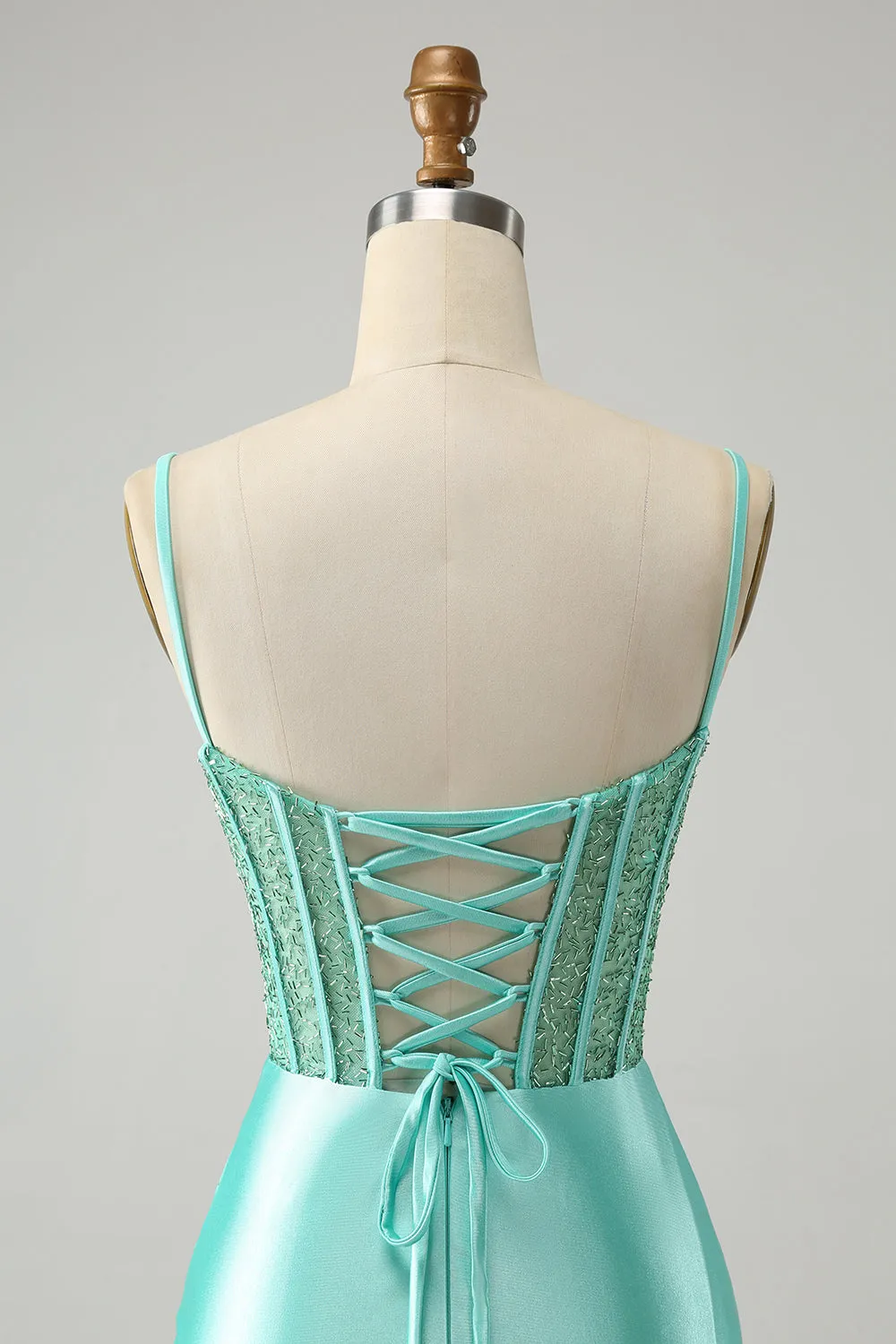 Light Green Spaghetti Straps Bodycon Corset Satin Homecoming Dress with Slit sold by Zapaka product image thumbnail 5