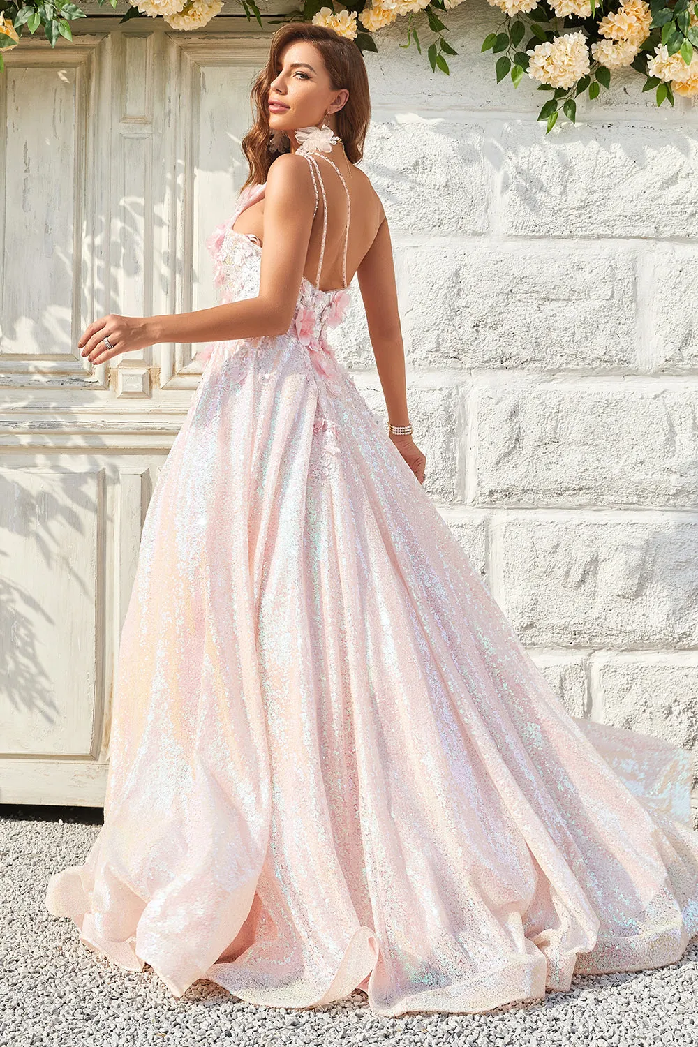 A Line One Shoulder Blush Long Prom Dress with Appliques sold by Zapaka product image thumbnail 2