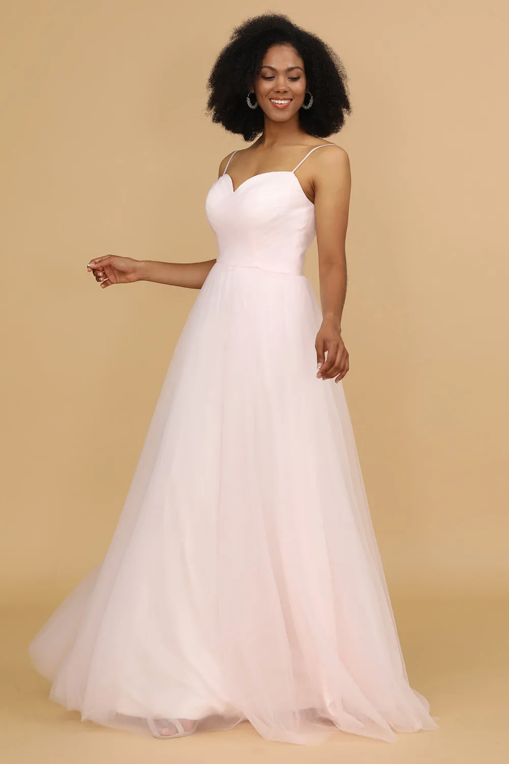 Pink Spaghetti Straps Tulle Bridesmaid Dress sold by Zapaka
