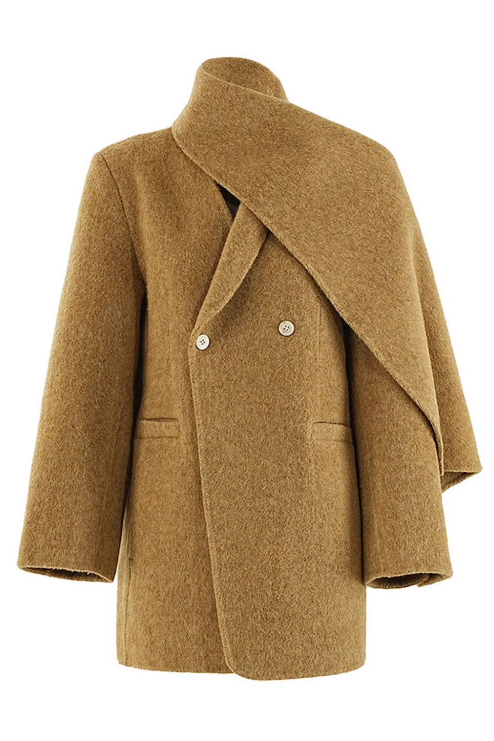 Khaki Faux Leather Wool Coat sold by Zapaka