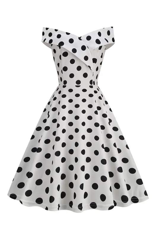 White Off the Shoulder Polka Dots Vintage Dress sold by Zapaka
