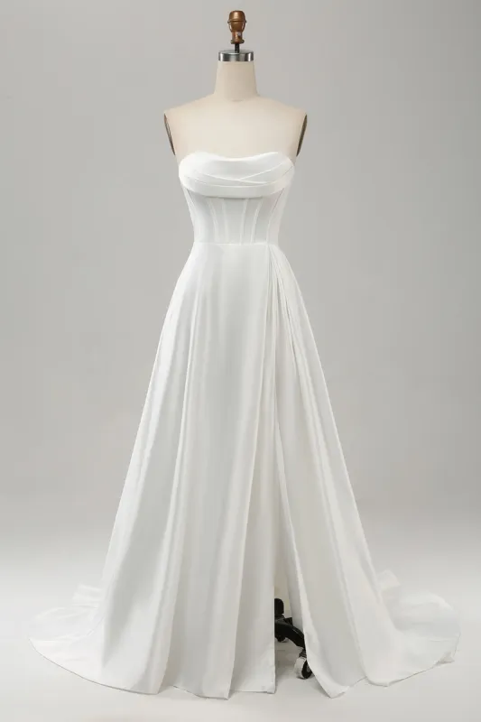 Elegant White A Line Strapless Pleated Sweep Train Wedding Dress With Slit sold by Zapaka