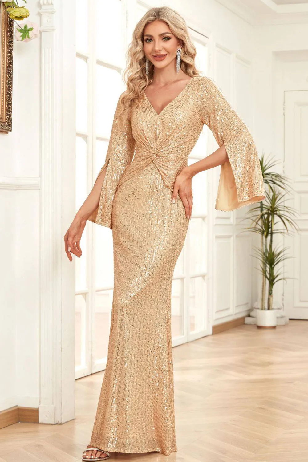 Champagne Sequins Sheath Formal Dress with Pleated sold by Zapaka