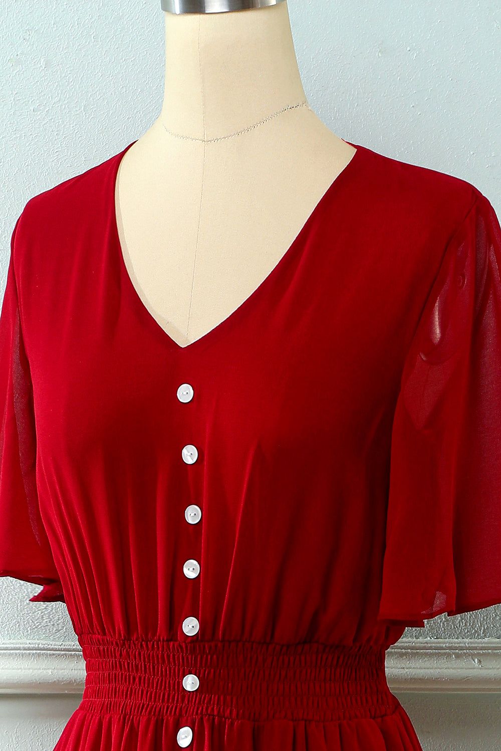 Red V Neck Buttons Summer Dress sold by Zapaka product image thumbnail 3
