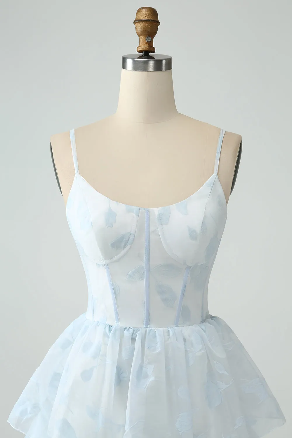 Light Blue A Line Tiered Corset Ruffled Bridesmaid Dress With Slit sold by Zapaka product image thumbnail 4