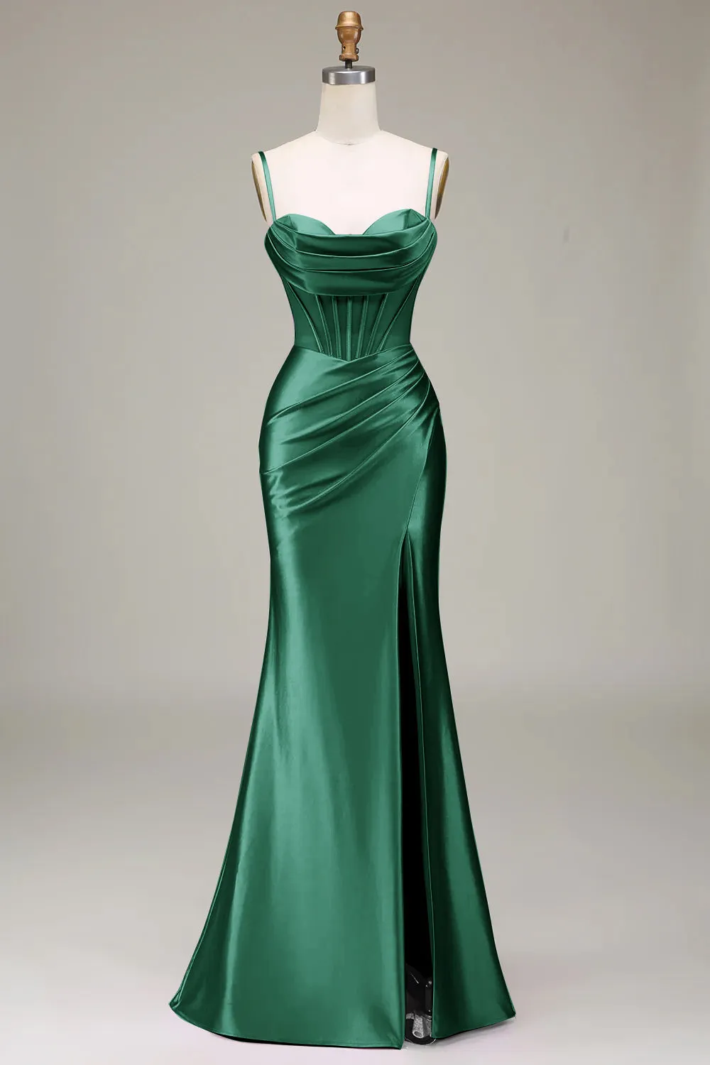 Dark Green Mermaid Spaghetti Straps Corset Prom Dress with Split Front sold by Zapaka