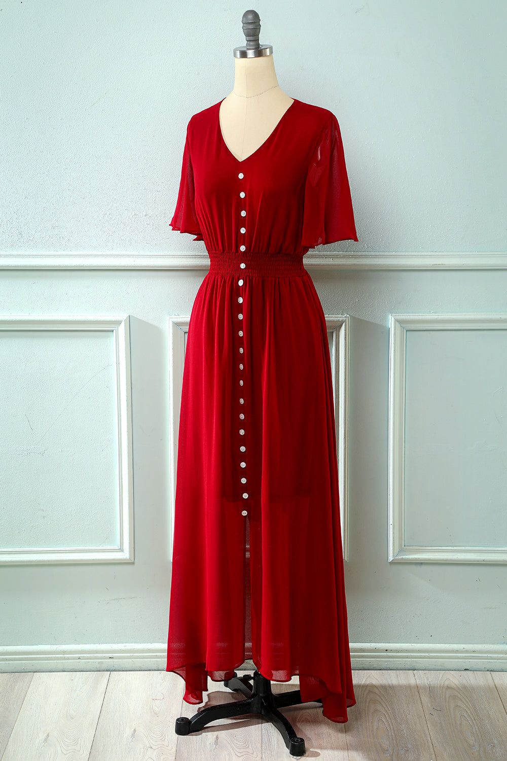 Red V Neck Buttons Summer Dress sold by Zapaka product image thumbnail 5