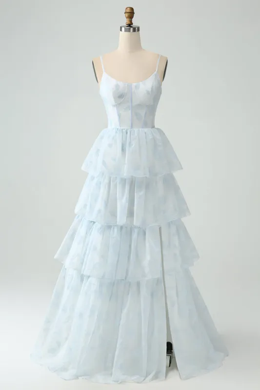 Light Blue A Line Tiered Corset Ruffled Bridesmaid Dress With Slit sold by Zapaka