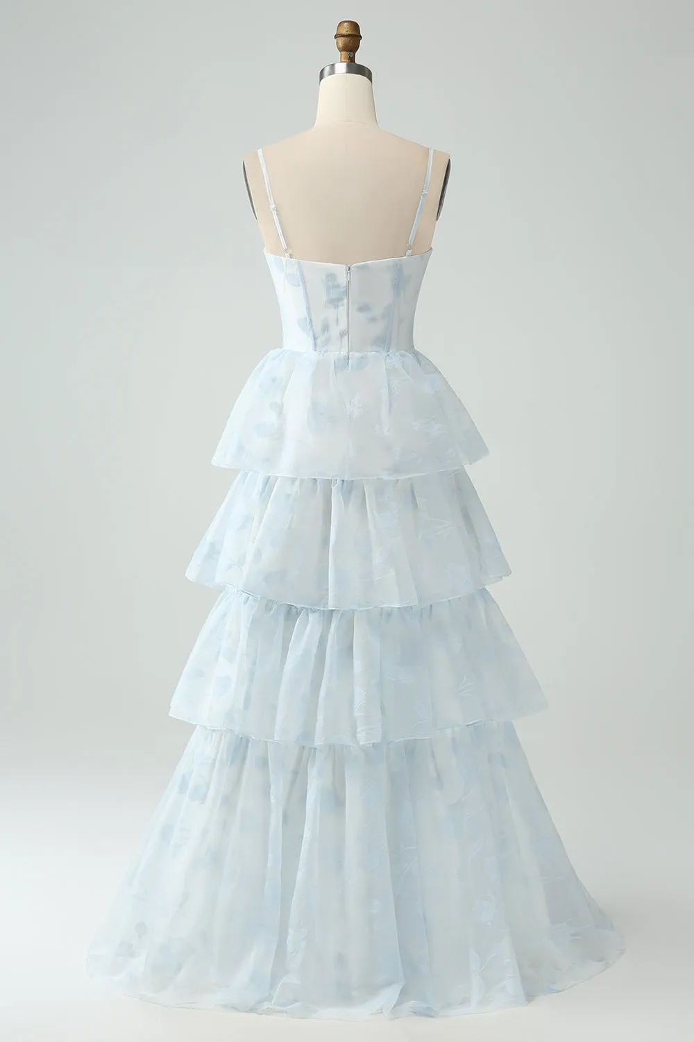 Light Blue A Line Tiered Corset Ruffled Bridesmaid Dress With Slit sold by Zapaka product image thumbnail 2