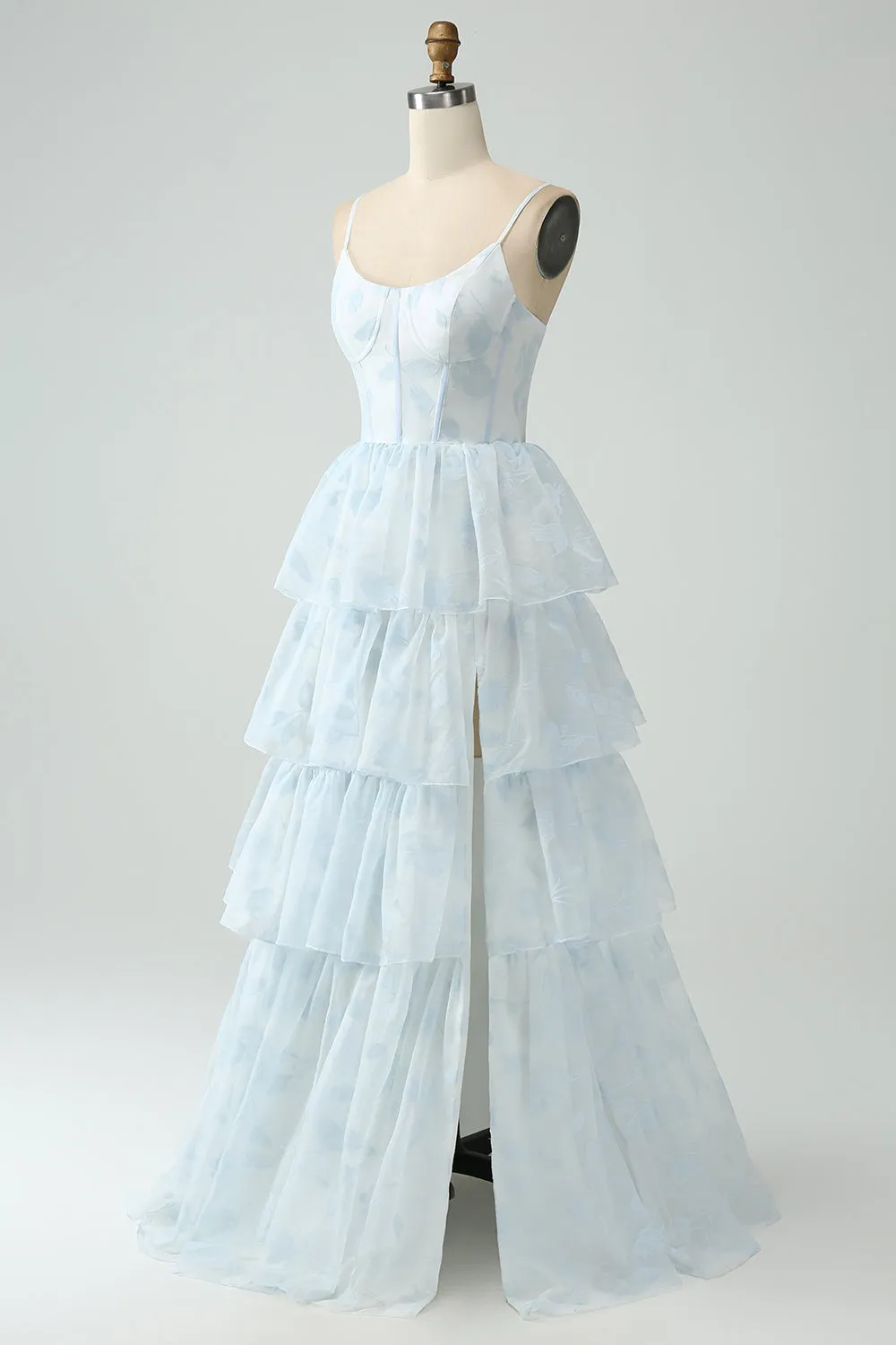 Light Blue A Line Tiered Corset Ruffled Bridesmaid Dress With Slit sold by Zapaka product image thumbnail 3
