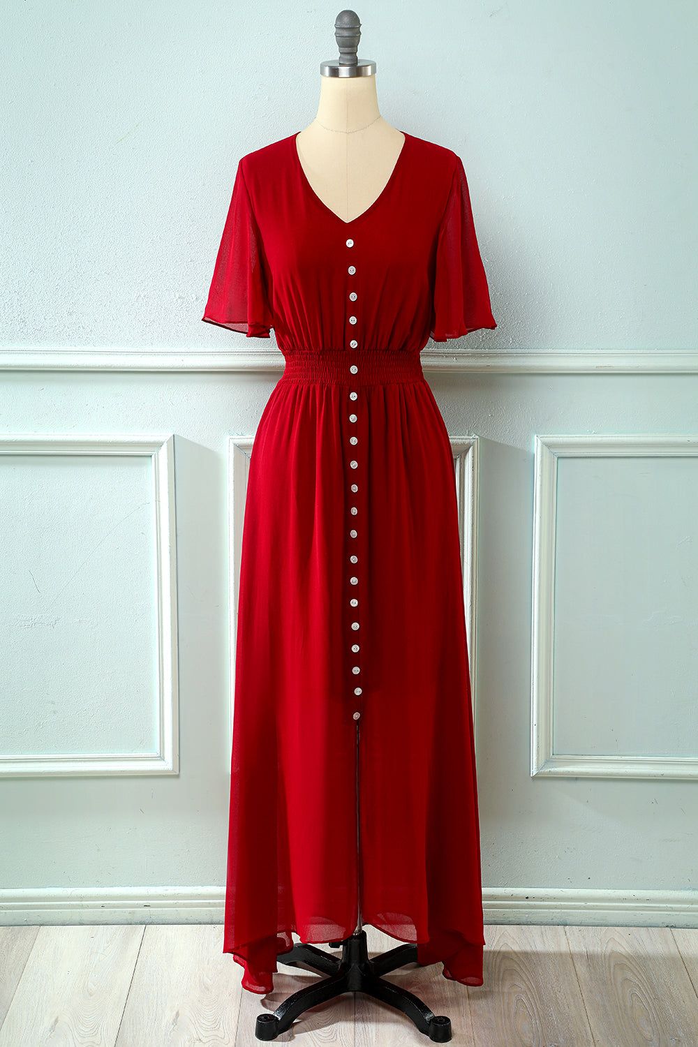 Red V Neck Buttons Summer Dress sold by Zapaka