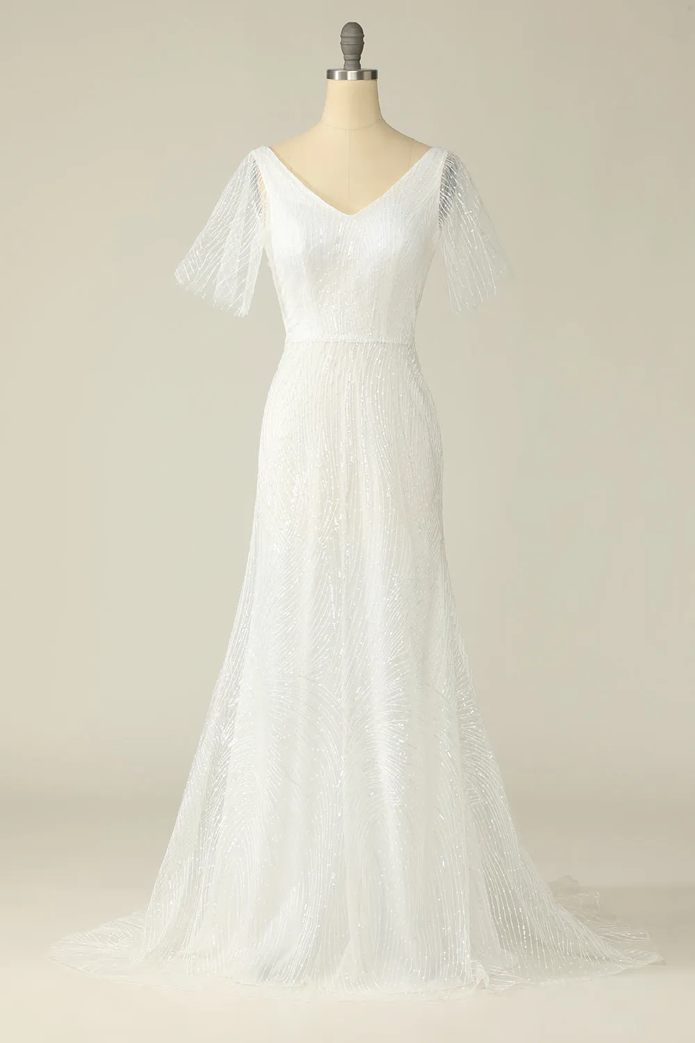 White V Neck Lace Wedding Dress sold by Zapaka