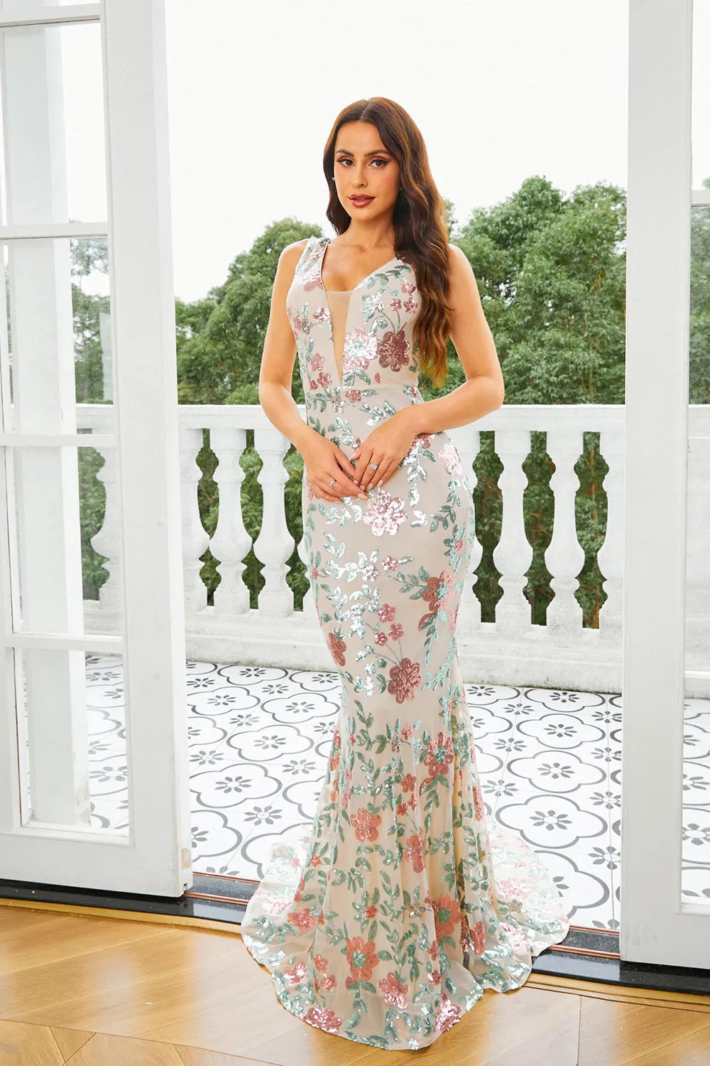 Apricot Floral Mermaid Long Prom Dress sold by Zapaka product image thumbnail 5