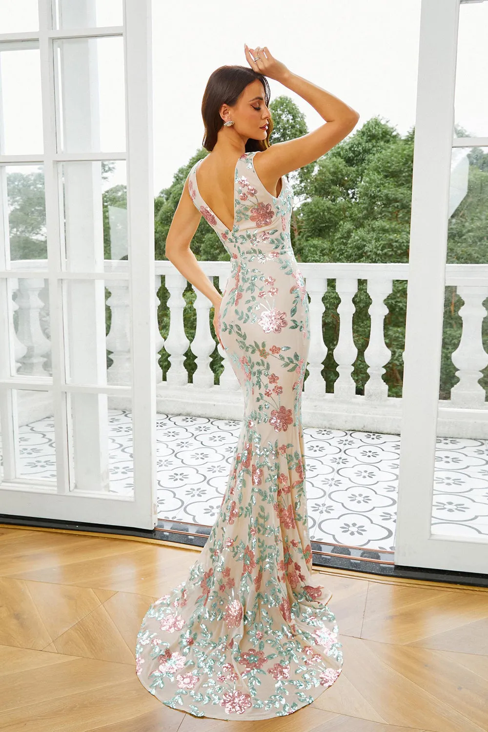 Apricot Floral Mermaid Long Prom Dress sold by Zapaka product image thumbnail 2