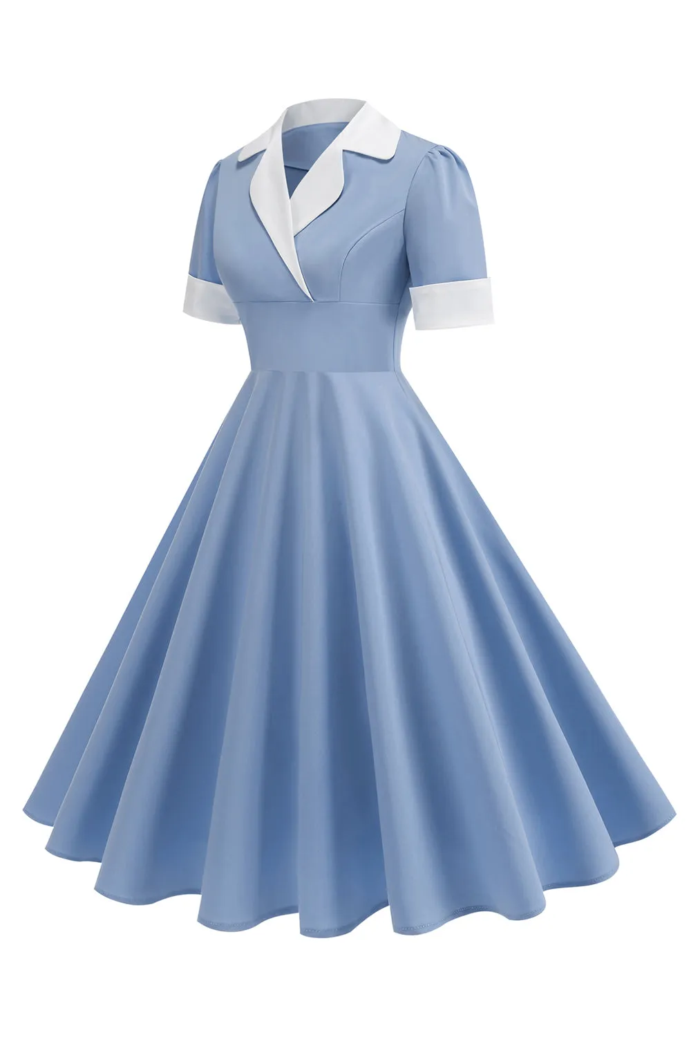 Blue A Line V-Neck 1950s Dress With Short Sleeves sold by Zapaka product image thumbnail 3