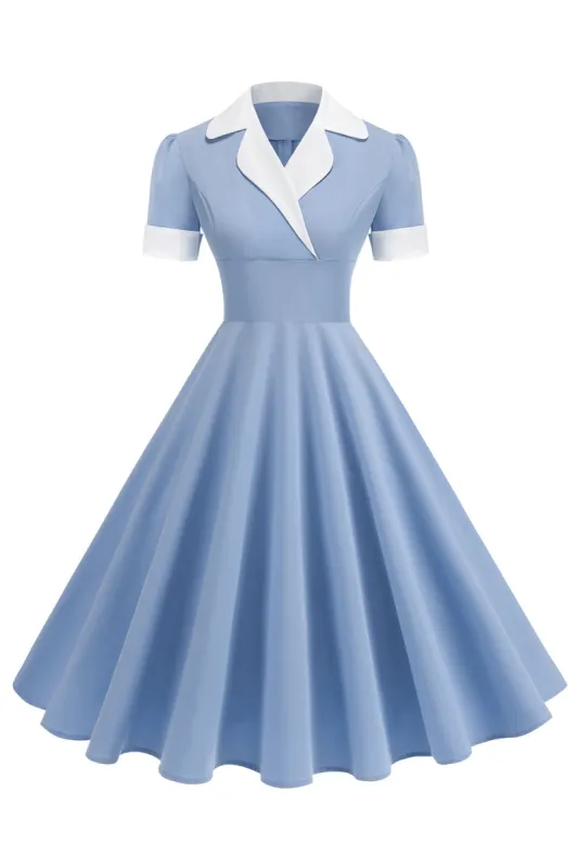 Blue A Line V-Neck 1950s Dress With Short Sleeves sold by Zapaka
