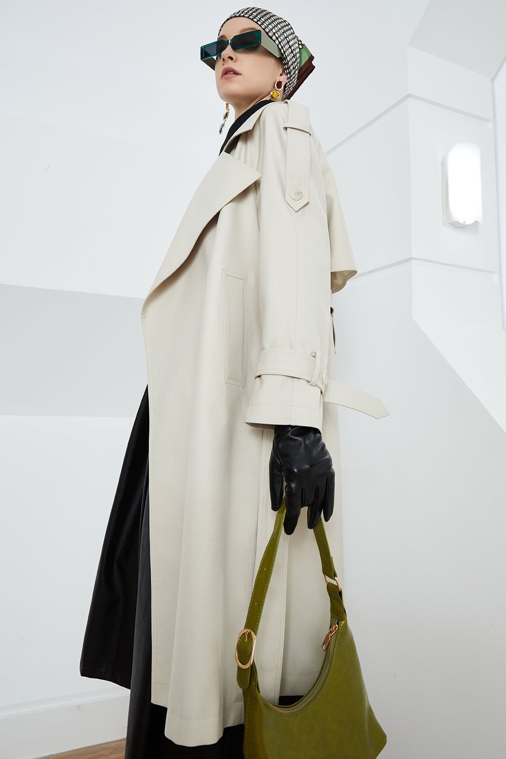 Off White Notched Lapel Long Trench Coat with Belt sold by Zapaka product image thumbnail 3