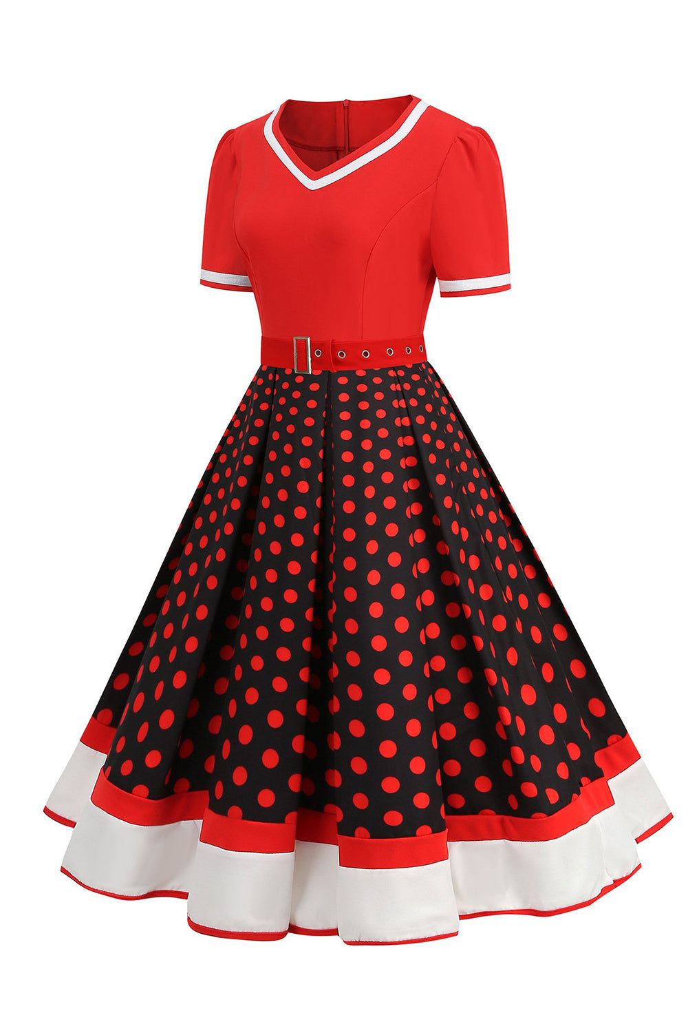 Black White Polka Dots V-Neck Vintage Dress With Belt sold by Zapaka product image thumbnail 15