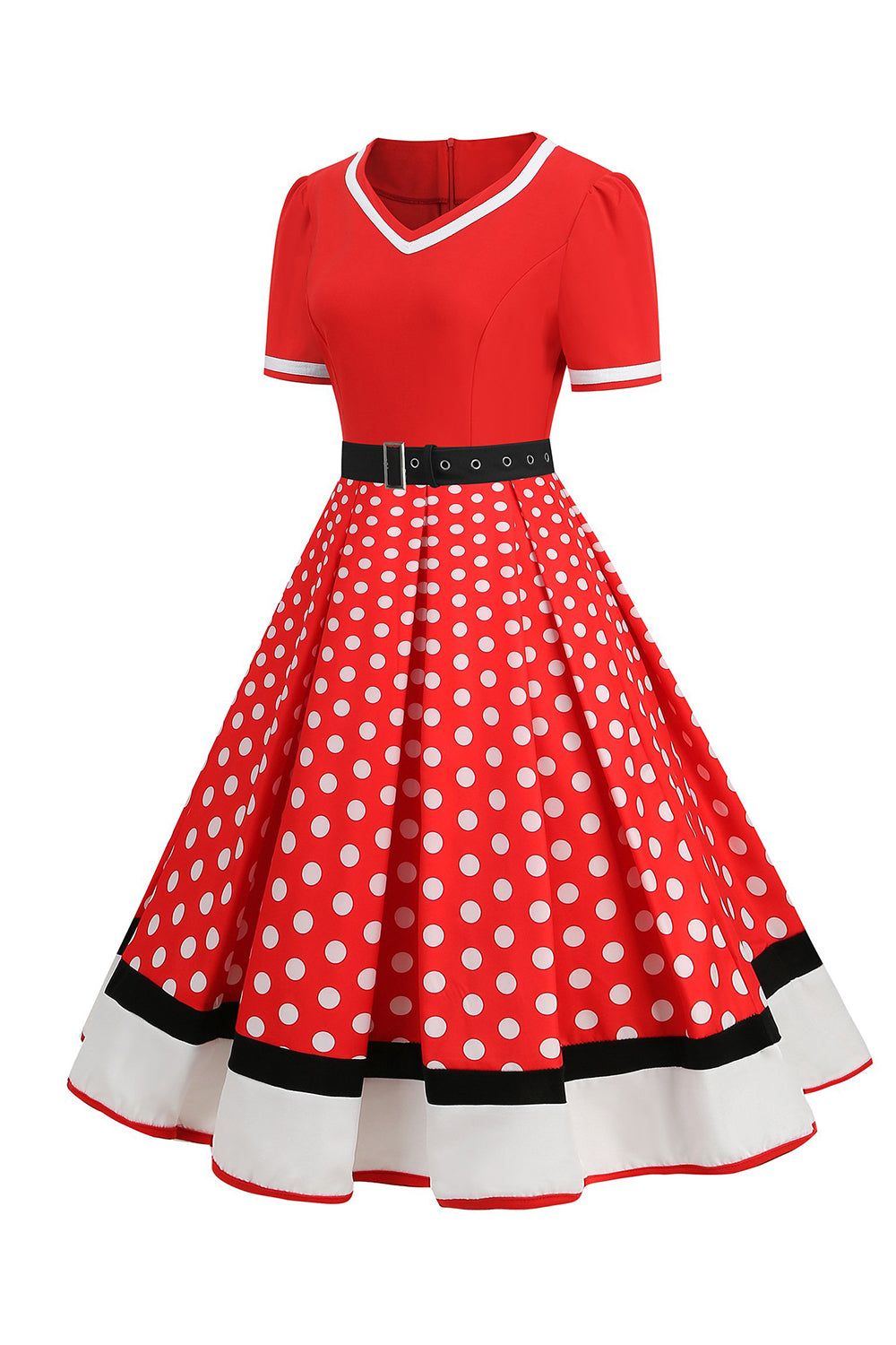 Black White Polka Dots V-Neck Vintage Dress With Belt sold by Zapaka product image thumbnail 12