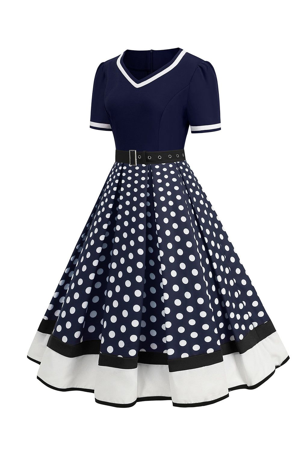 Black White Polka Dots V-Neck Vintage Dress With Belt sold by Zapaka product image thumbnail 9