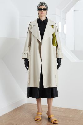 Off White Notched Lapel Long Trench Coat with Belt sold by Zapaka