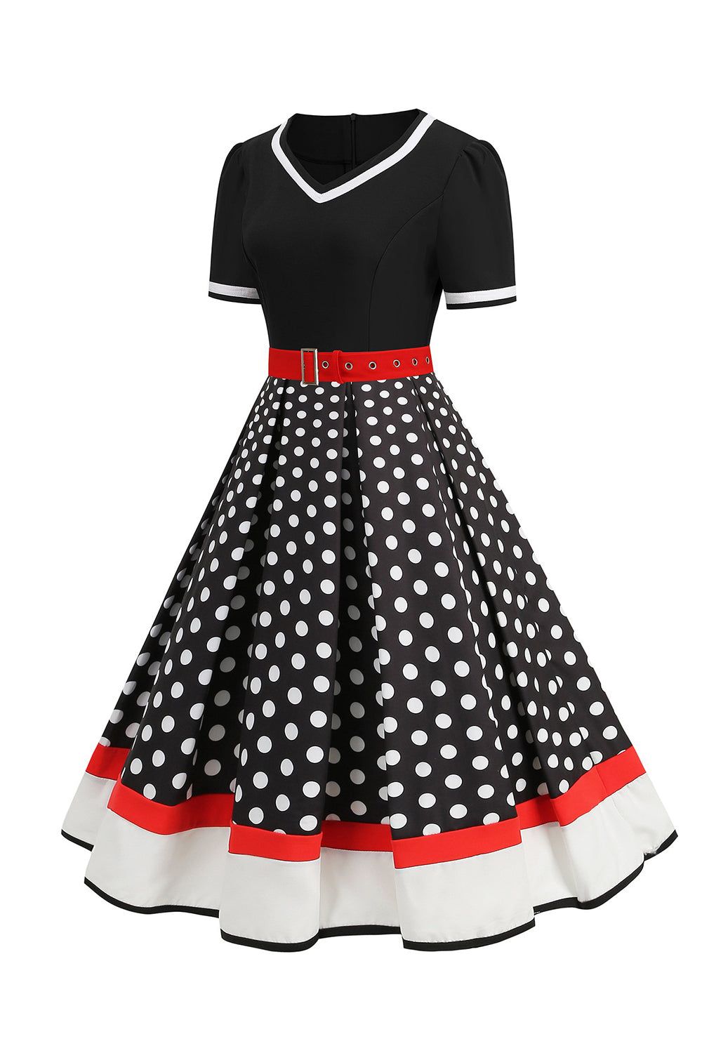 Black White Polka Dots V-Neck Vintage Dress With Belt sold by Zapaka product image thumbnail 6