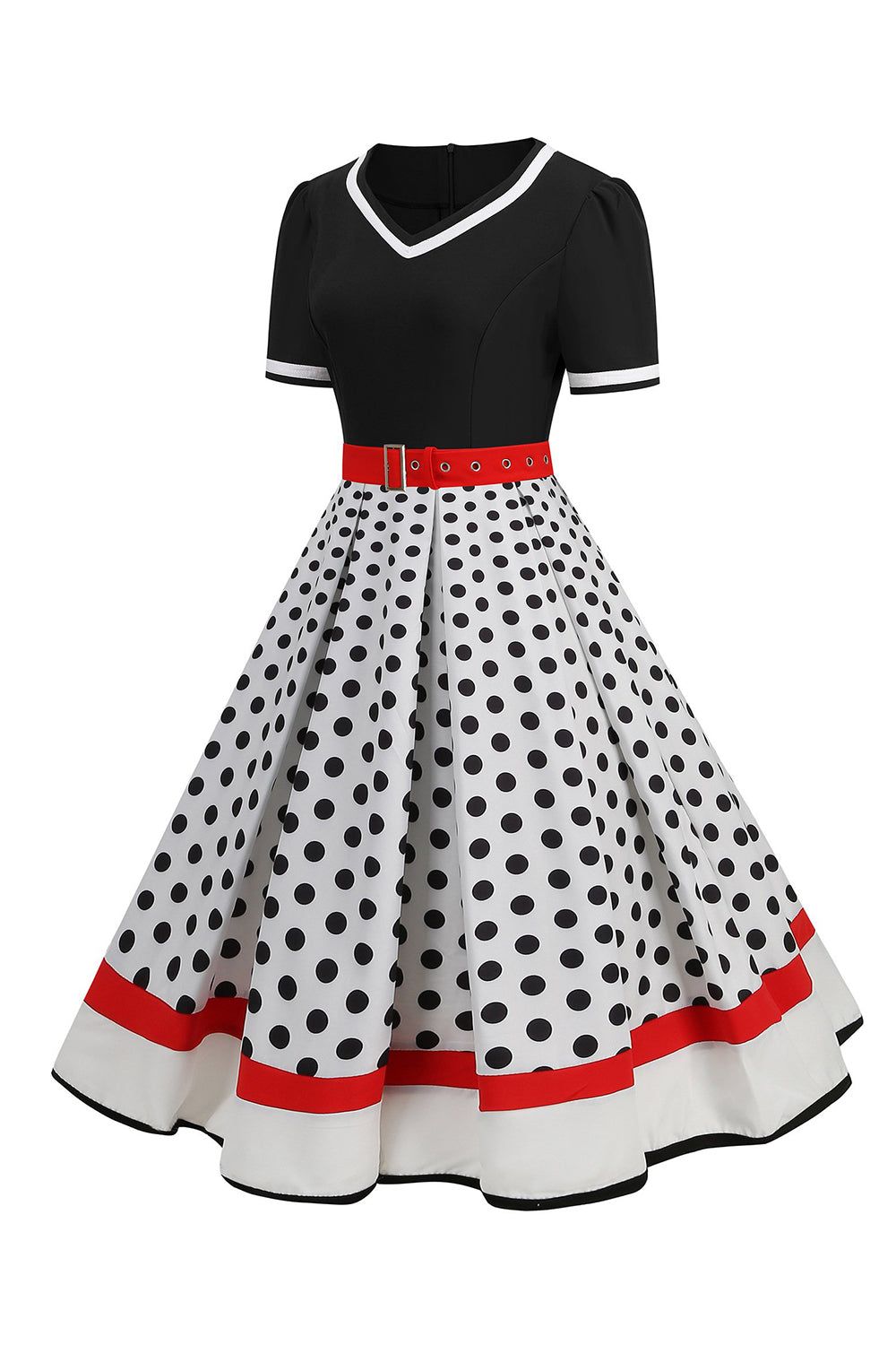 Black White Polka Dots V-Neck Vintage Dress With Belt sold by Zapaka product image thumbnail 3