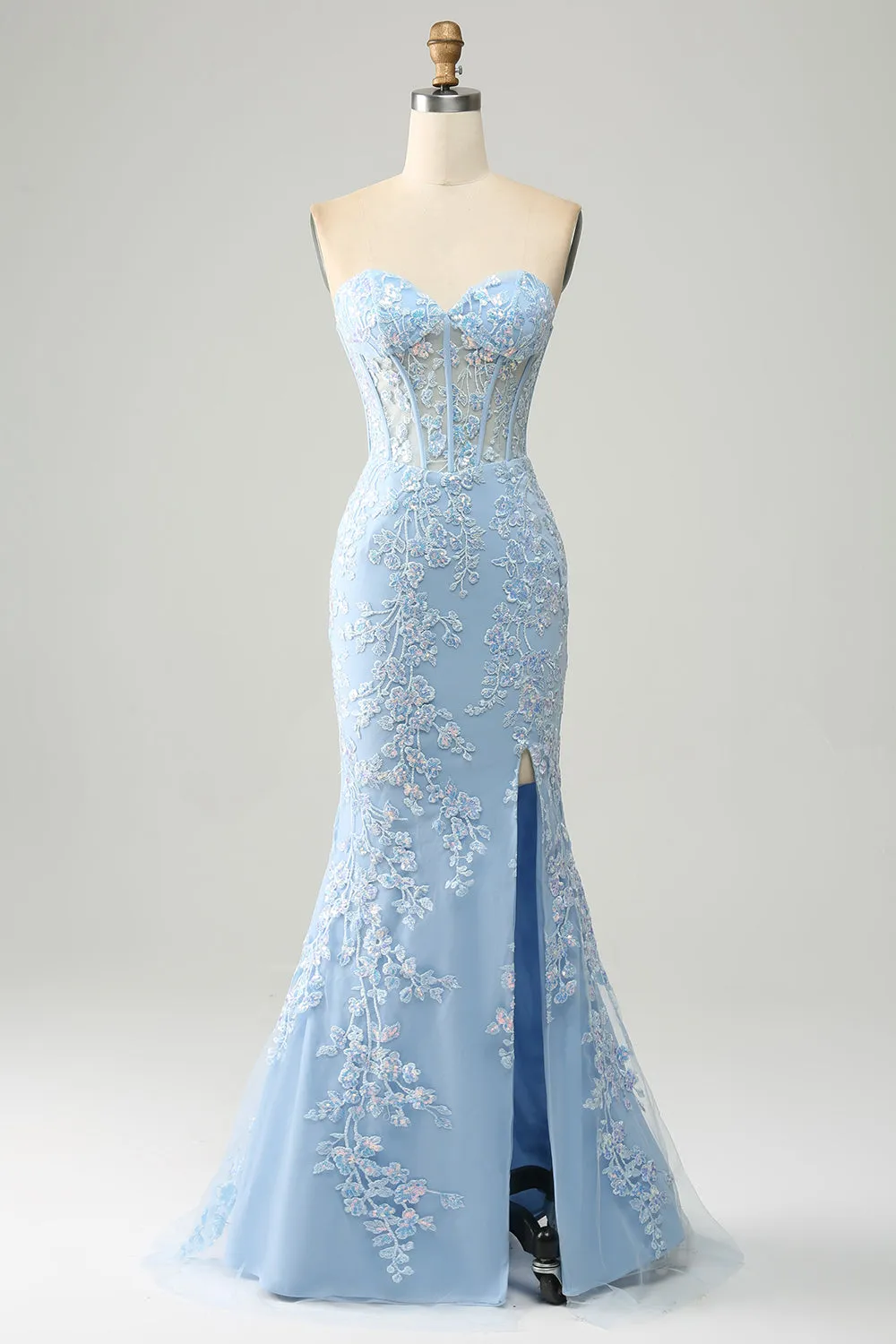 Light Blue Mermaid Sweetheart Corset Appliques Prom Dress With Side Slit sold by Zapaka