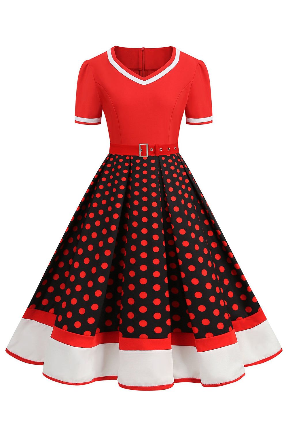 Black White Polka Dots V-Neck Vintage Dress With Belt sold by Zapaka product image thumbnail 13