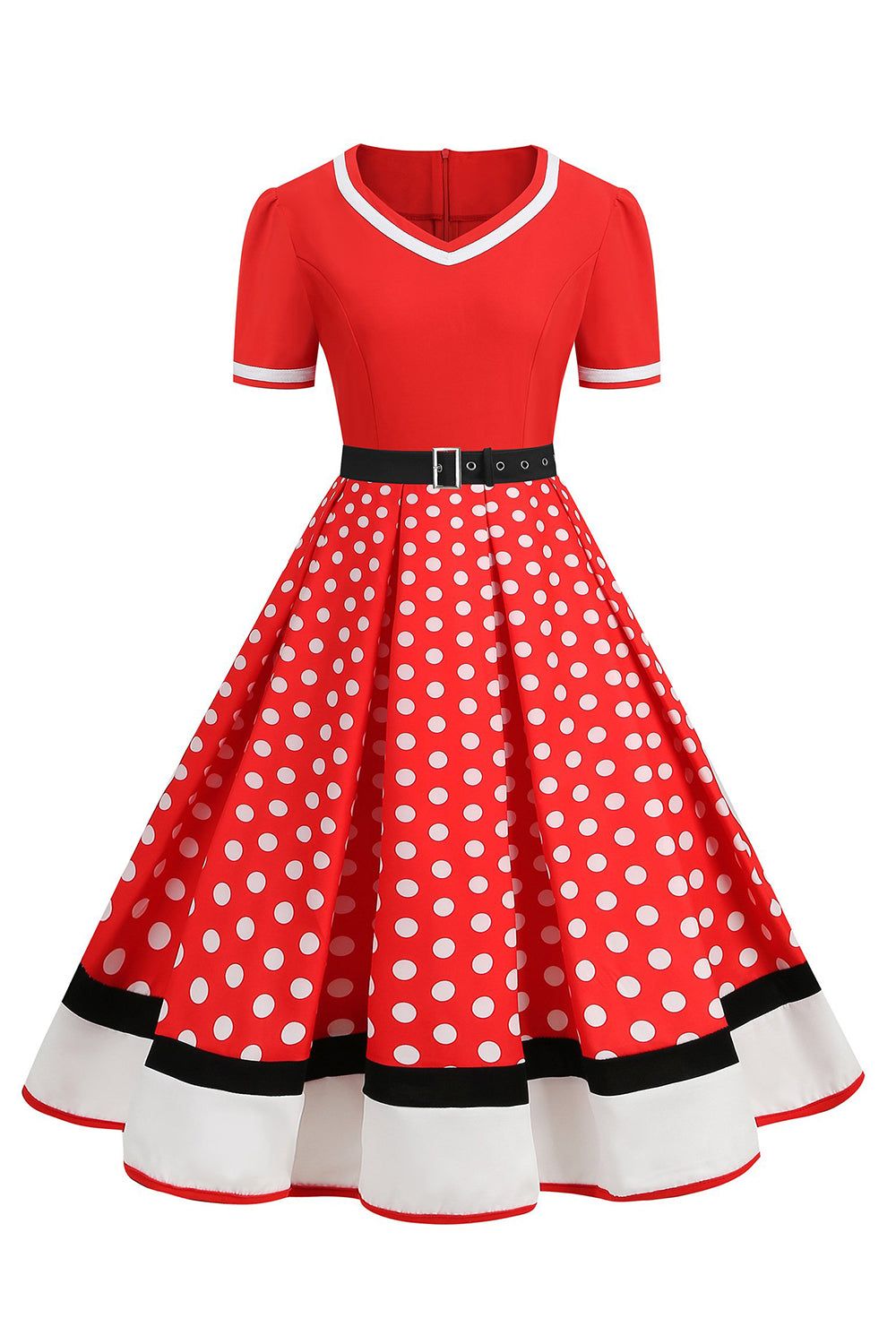 Black White Polka Dots V-Neck Vintage Dress With Belt sold by Zapaka product image thumbnail 10