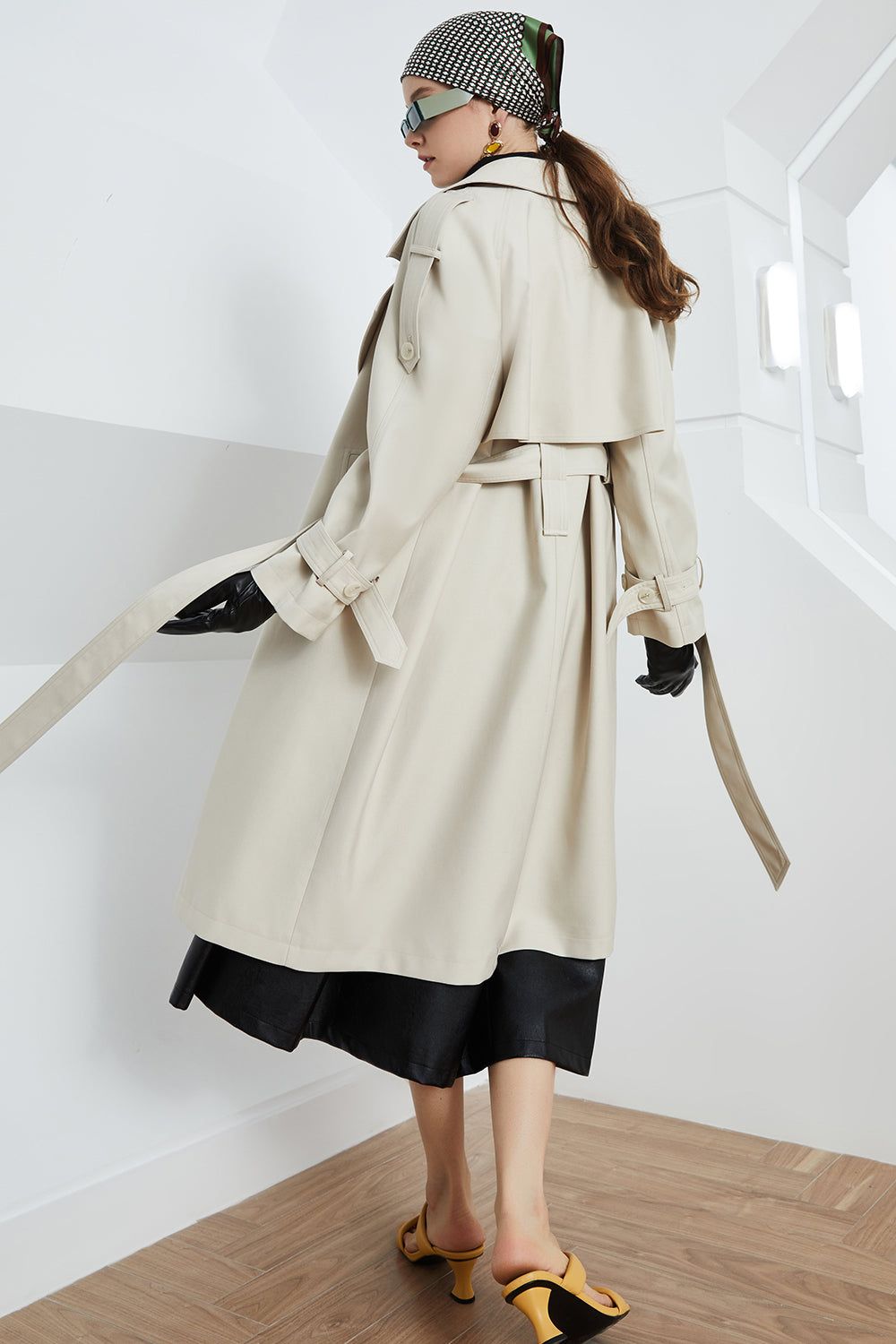 Off White Notched Lapel Long Trench Coat with Belt sold by Zapaka product image thumbnail 2