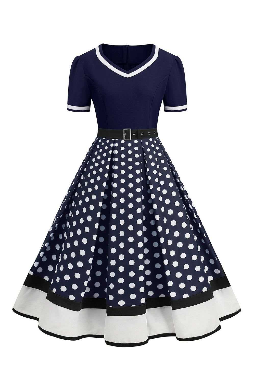 Black White Polka Dots V-Neck Vintage Dress With Belt sold by Zapaka product image thumbnail 7