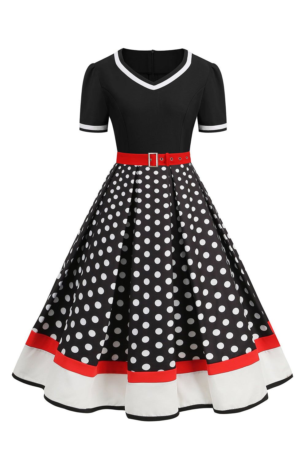 Black White Polka Dots V-Neck Vintage Dress With Belt sold by Zapaka product image thumbnail 4