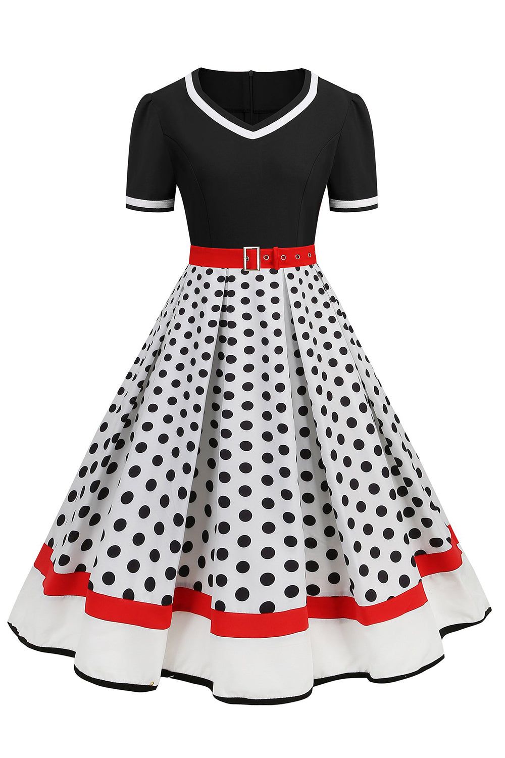 Black White Polka Dots V-Neck Vintage Dress With Belt sold by Zapaka
