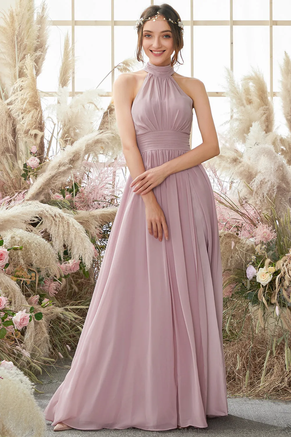 Halter Pleated Chiffon Bridesmaid Dress sold by Zapaka