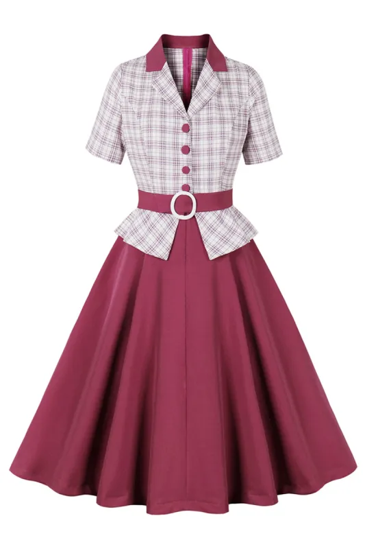 Purple Red Plaid Short Sleeves Swing 1950s Dress sold by Zapaka