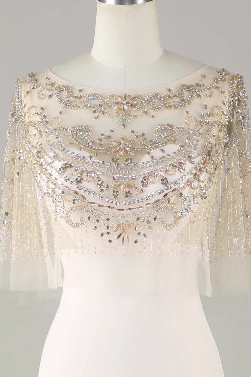 Sparkly Champagne Boat Neck Beaded Mermaid Long Prom Dress sold by Zapaka product image thumbnail 4