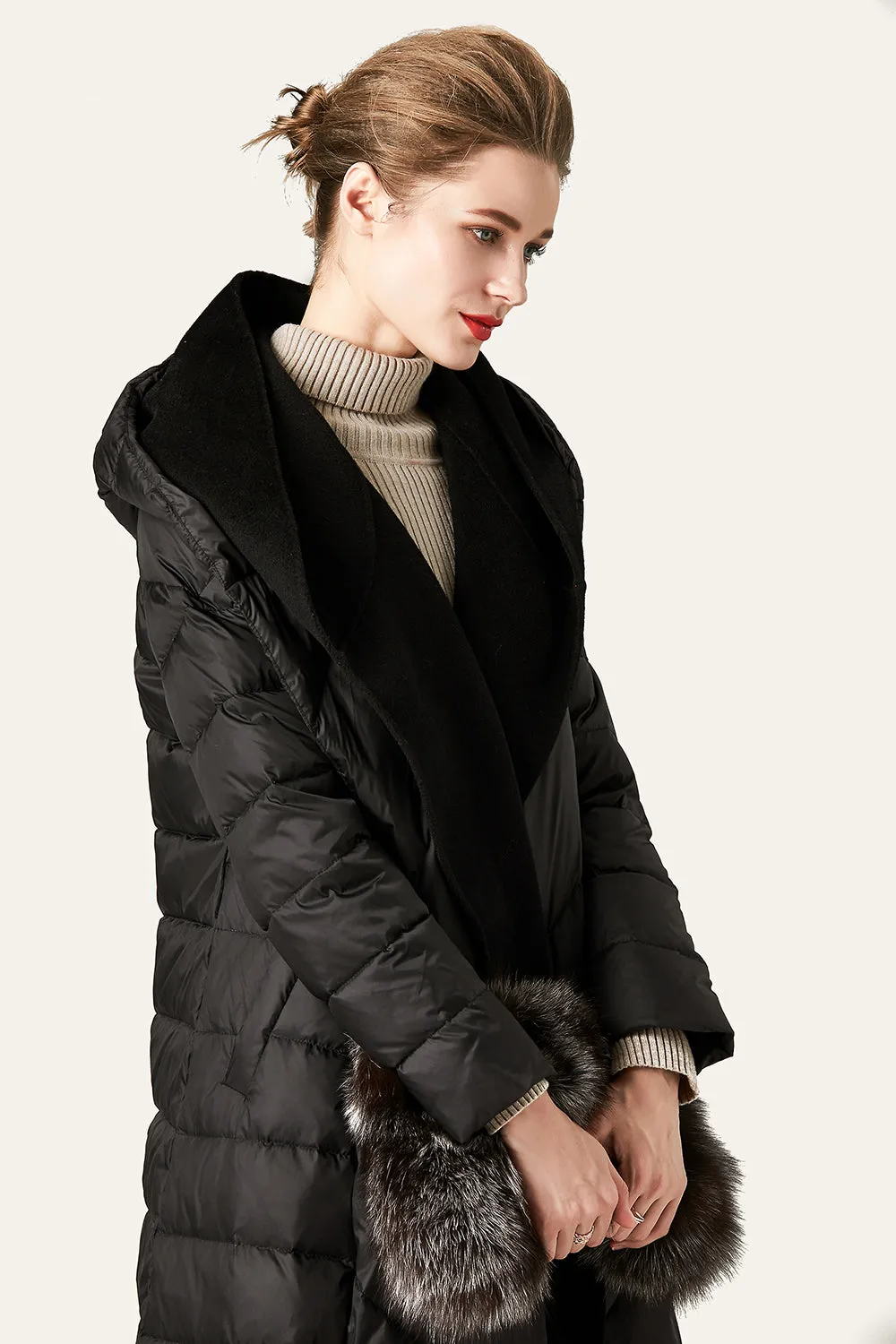 Black Button Quilted Puffer Jacket with Faux Fur Hood sold by Zapaka product image thumbnail 4